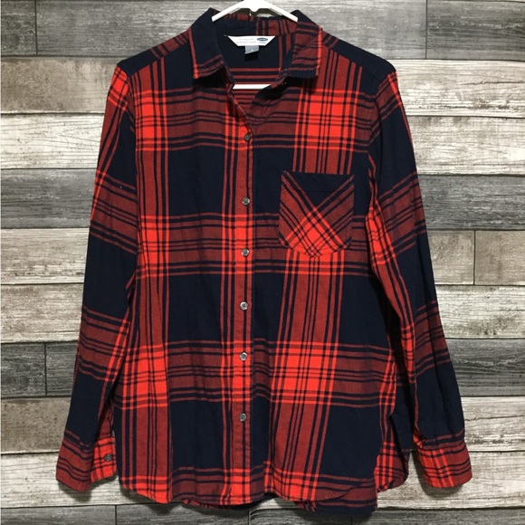 Old Navy The Classic Shirt Flannel Women’s L Blue Red Plaid Button Up Casual - Picture 4 of 9